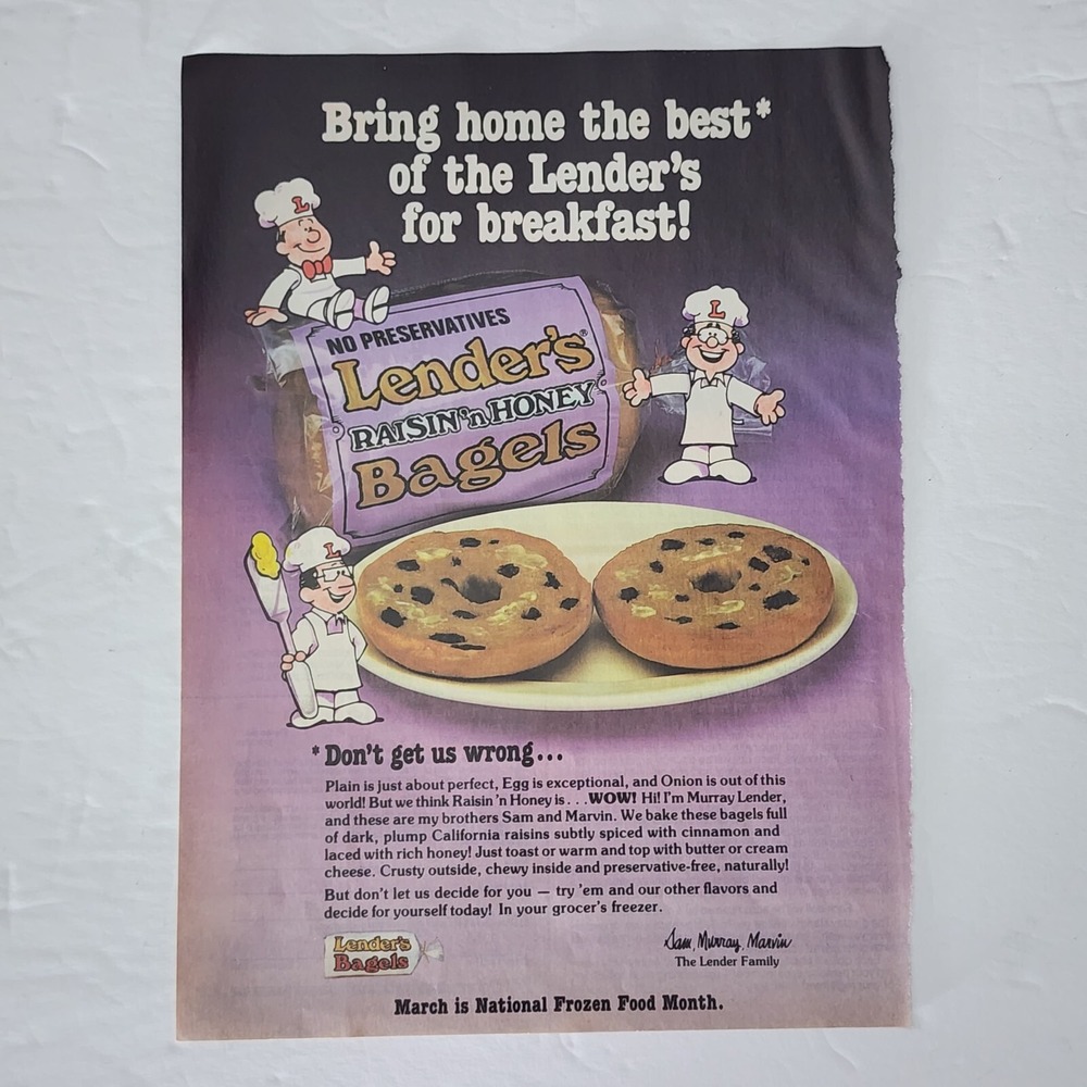 Vintage Print Ad Lender's Bagels Raisin n Honey cartoon clipping 1985